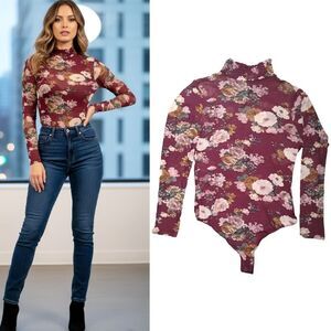 Cleo Burgundy Floral Mock Neck Long Sleeve Sheer Bodysuit Medium